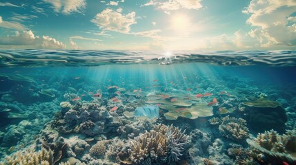 Fototapeta premium A vibrant underwater scene of a coral reef teeming with diverse marine life, illuminated by rays of sunlight piercing the ocean surface.