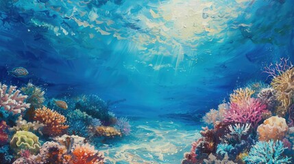 Fototapeta na wymiar A vibrant underwater scene of a coral reef teeming with diverse marine life, illuminated by rays of sunlight piercing the ocean surface.