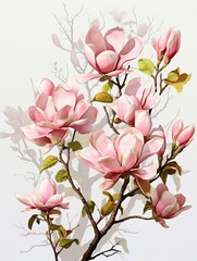 A painting of pink magnolias with a white background