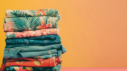 Stack of folded clothes on plain background with copy-space for text. Summer or travel collection. Colorful Hawaiian shirt with cute patterns were displayed on a plain vivid orange background.