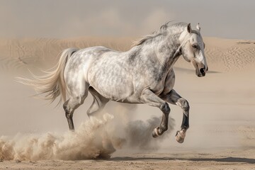 Grey Horse's Majestic Leap: Wild Freedom and Powerful Grace in Sandy Expanse
