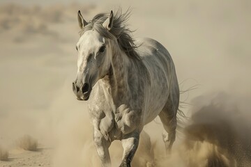 Obraz premium Power and Grace: A Grey Horse's Untamed Performance in the Desert