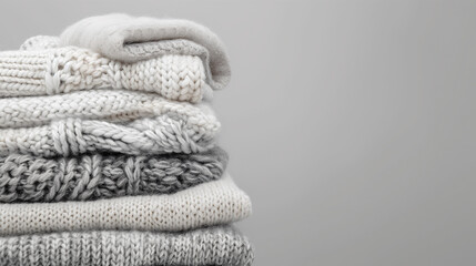 Stack of folded clothes on plain background with copy-space for text. Winter collection. Knitted sweaters in white and grey color tones were displayed on a plain grey background.