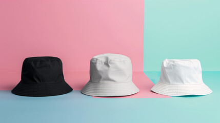 Mockup of clothes collections for an advertisement, poster, or art design. Three basic white, grey, and black bucket hats are displayed on a colorful pastel background.