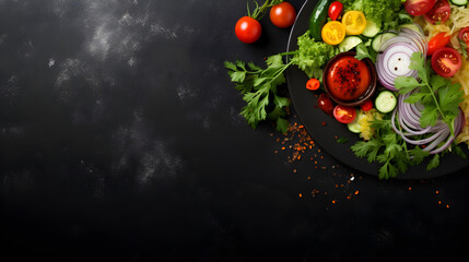 Fresh salad with rice and vegetable on dark background