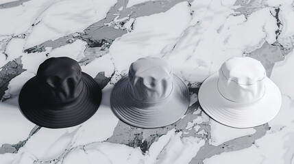 Mockup of clothes collections for an advertisement, poster, or art design. Three basic white, grey, and black bucket hats are displayed on a marble background.