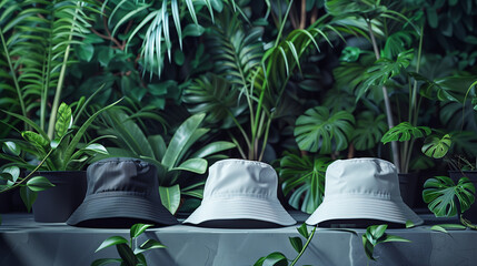 Mockup of clothes collections for an advertisement, poster, or art design. Three basic white, grey, and black bucket hats are displayed on a plant and decorations background.