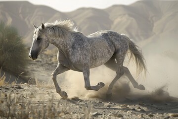 Untamed Sunlit Spectacle: The Silver Majesty of a Galloping Desert Horse