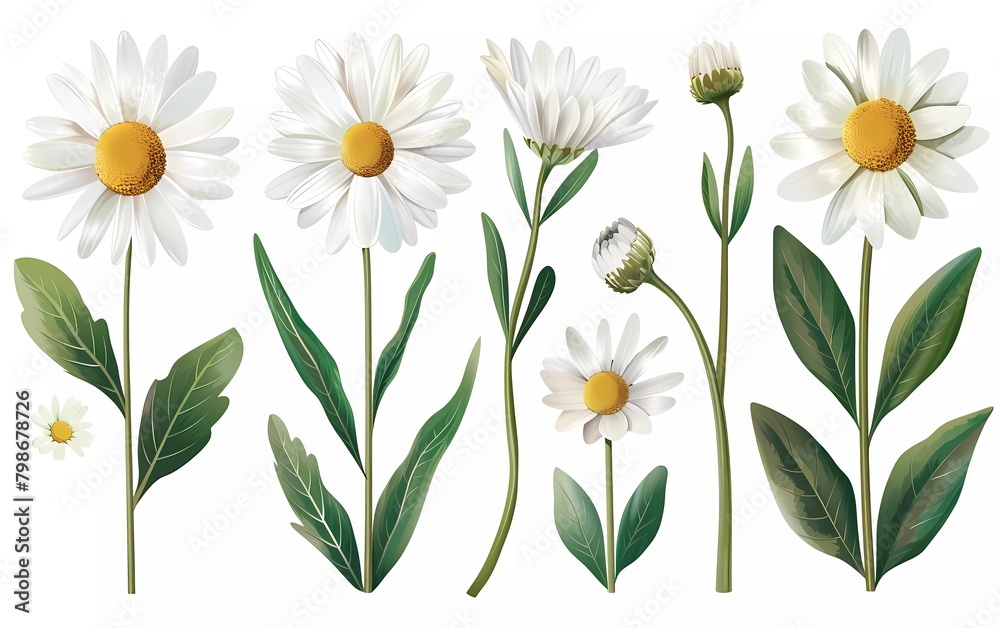 Wall mural spring daisy bouquet. isolated realistic petals, flowers, branches, leaves vector set. - Wall murals