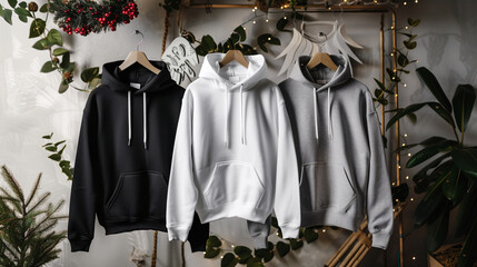 Mockup of clothes collections for an advertisement, poster, or art design. Three basic white, grey, and black hoodies are displayed on a plant and decorations background.