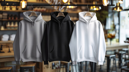 Mockup of clothes collections for an advertisement, poster, or art design. Three basic white, grey, and black hoodies are displayed on a shop background.