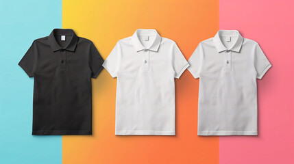 Mockup of clothes collections for an advertisement, poster, or art design. Three basic white, grey, and black polo shirts are displayed on a colorful pastel background.