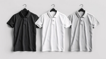 Mockup of clothes collections for an advertisement, poster, or art design. Three basic white, grey, and black hanging polo shirts are displayed on a plain white background.