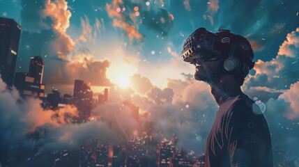 Young person wears virtual reality glasses and plunges into a dream world
