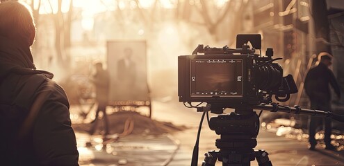 Man sharing camera image in dark room, capturing event with display device