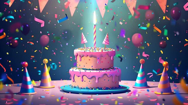 A Birthday Cake Stands Alone on a Table, Surrounded by Confetti. Anime or cartoon style, looping 4k video animation background
