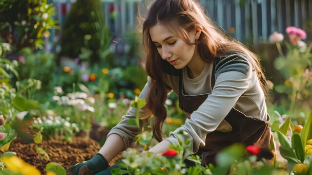 Woman planting gardens flowers agriculture gardener hobby and garden job.