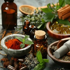 Assortment of Natural Herbal Remedies and Alternative Medicine Ingredients for Holistic Health and Wellness