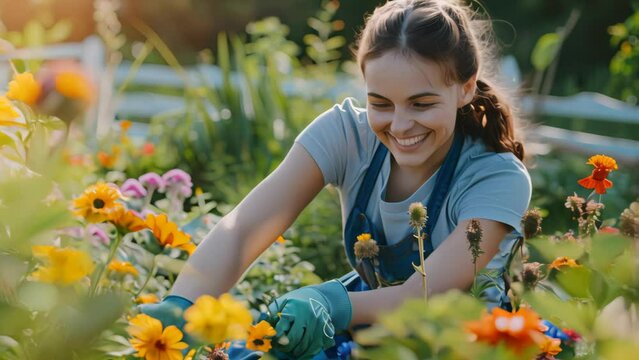 Woman planting gardens flowers agriculture gardener hobby and garden job.