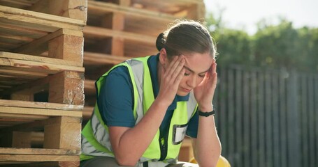 Stress, engineer and person at construction site with headache, frustrated and thinking of serious mistake outdoor. Woman, architect and worker with fatigue, tired and burnout for building crisis