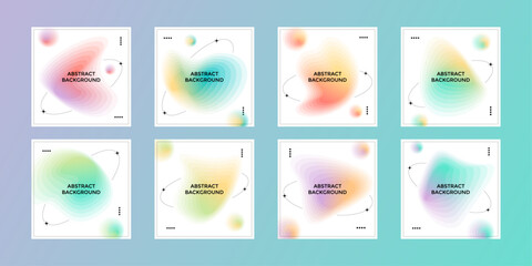 Set of square media social network template.Abstract vibrating gradient shapes with linear elements in y2k style.Pastel colors.Vector stock illustration.