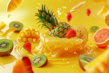 A fruit salad with a pineapple and strawberries on top