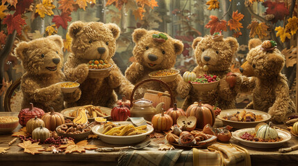 A rustic Thanksgiving feast featuring seasonal teddy bears gathered around a bountiful table laden with harvest fare their bellies full and hearts grateful as they give thanks