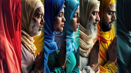 A composite image of diverse Muslim communities praying together, emphasizing unity in faith. 