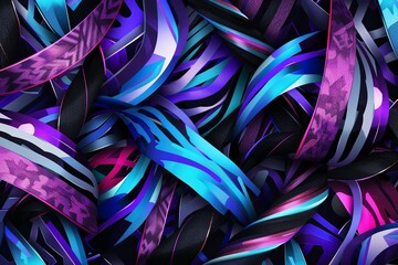 Twisted Ribbon Geometry: Vibrant Abstract Designs in Purple, Blue, and Black