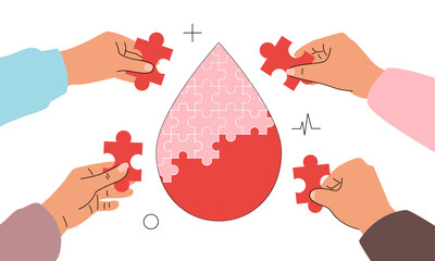 Blood donation and volunteering concept.Human hands collecting a drop of blood with puzzles.Vector stock illustration.
