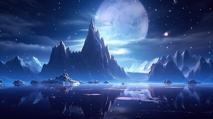 Fototapeta premium Moonlit Majesty: Iceberg Peaks’ Nighttime Splendor