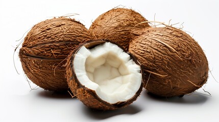 Coconuts on White Background, Tropical Food Concept, with Copy Space