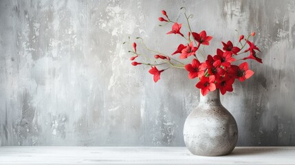 Obraz premium Capture the essence of holidays with a charming image featuring a dainty bouquet of red flowers nestled in a vintage vase atop a white table against a backdrop of a grey cement wall This st