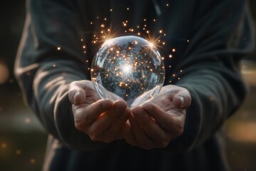 Fototapeta premium Hands gently envelop a glass orb filled with a starry sky, igniting a sense of wonder and the unknown