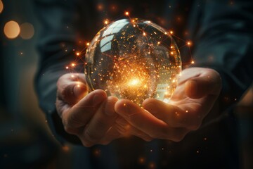 A captivating image of hands holding a cosmic orb densely packed with swirling stardust and light