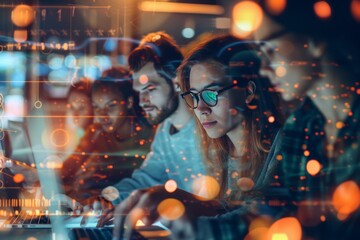 A female programmer works beside a male colleague among futuristic holographic projections and digital interfaces