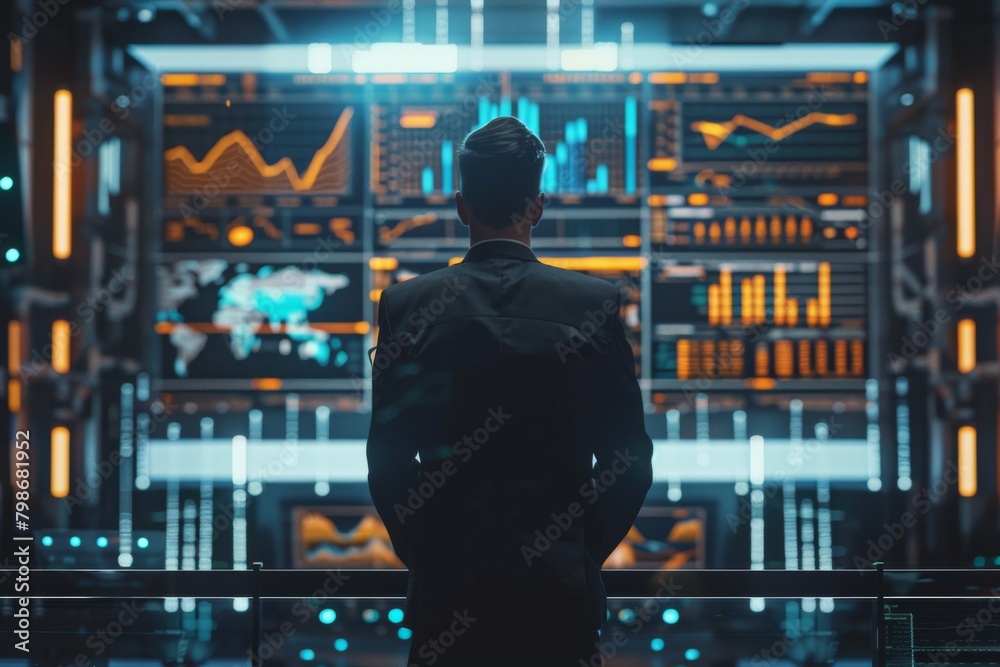 Poster a professional executive analyzes complex data on multiple futuristic dashboard screens in a control