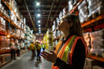 A focused warehouse worker engages in logistics planning in a busy distribution center environment