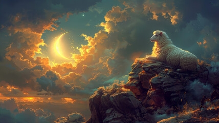 Sacrificial sheep and crescent moon on blue night sky. Greeting card for celebration Eid Al Adha Mubarak, Ramadan, Eid al Fitr. Horizontal banner, place for text.