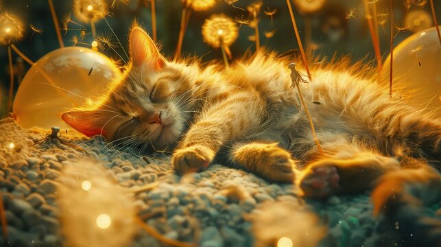 A beige cat with balloons lying on a dandelion fles in the night town. Believe in magic.