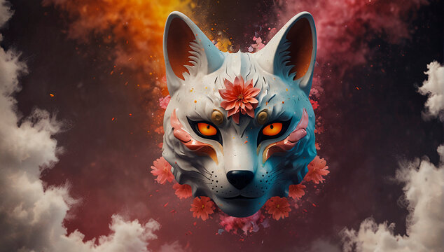 Fox mask, against the background of sakura, multi-colored background. Abstraction. Japanese symbols