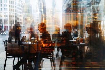 A warm gathering spot for diners overlaid with the hustle of a city's architecture and lights, offering a blend of coziness and vibrancy