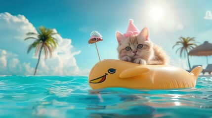 A beige cat with ice cream is floating on an inflatable dolphin in the sea at a resort.