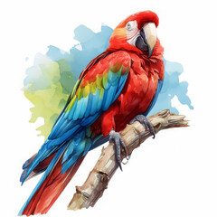 Colorful parrot perched, feathers a vibrant display of nature s palette, detailed and realistic, isolated on white background, watercolor