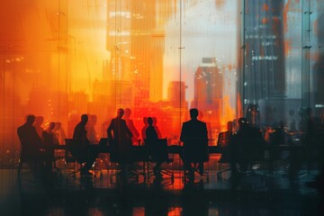 Obraz premium Vivid red and orange cityscape forms a vivid background to the silhouette of working professionals in a modern office setting