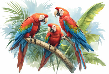 Colorful macaws squawking in a tropical setting, vivid blues and reds, detailed and exotic, isolated on white background, watercolor