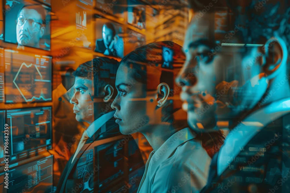 Poster expert analyzing detailed statistics on computer monitors in a tech-driven data analysis environment