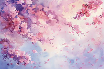 A watercolor depiction of cherry blossoms in full bloom in spring