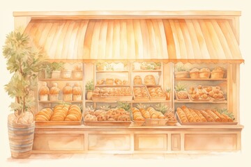 A watercolor painting of a bakery with a yellow awning. The bakery is full of delicious-looking baked goods, such as bread, pastries, and cakes.