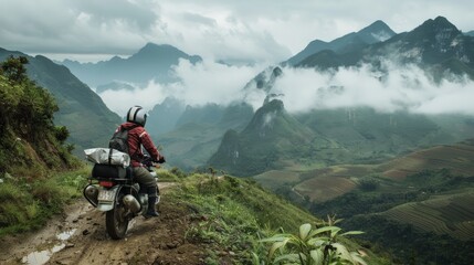 A young explorer navigating the rugged terrain on a motorbike in northern Vietnam